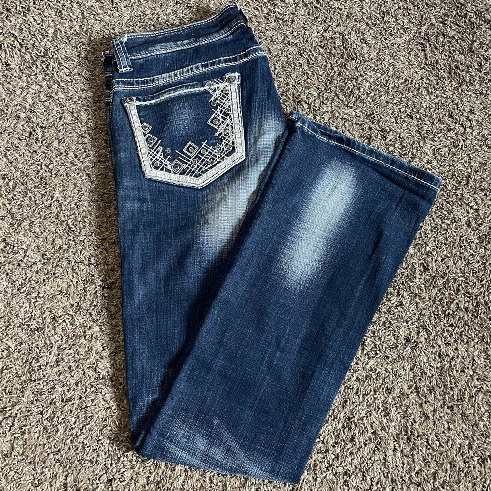 Rock & Roll Cowgirl Blue Boot Cut Jeans with Embellished Design